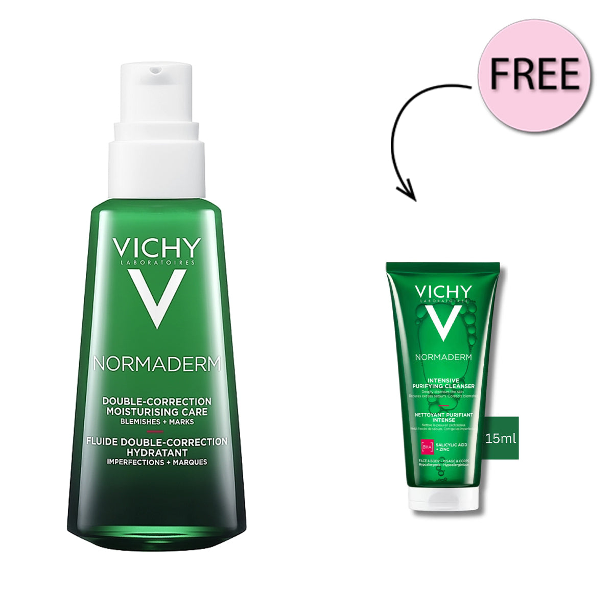 Vichy Normaderm Phytosolution Double Correction Daily Care Moisturiser for Oily & Acne Skin with Salicylic Acid 50ml + Free Vichy Normaderm Phytosolution Purifying Cleansing Gel 15ml